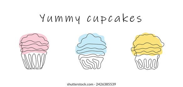 Conjunto de cupcakes coloridos en estilo de dibujo continuo de una línea con texto Yummy Cupcakes. Simple arte de línea de magdalenas con glaseado ondulado. Vector aislado en blanco. Para el saludo, postal, impresión