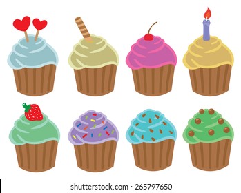 Set of colorful cupcakes in variety of flavors with different toppings and cakes decorations. Vector cartoon illustration isolated on white background. 