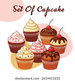 Set of Colorful Cupcakes with Various Toppings