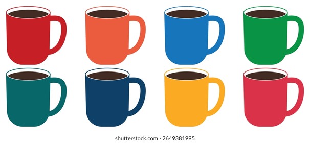 Set of colorful cups, coffee mug symbol and sign. Coffee cup icon vector set. Hot coffee cup icon. Vector illustration.
