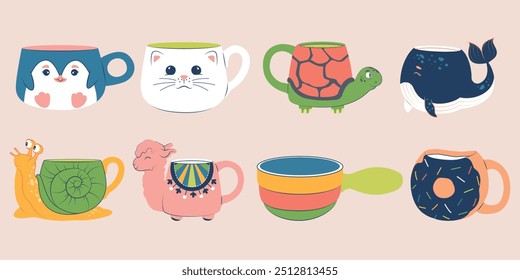 Set von bunten Tassen in verschiedenen Formen. Becher in Form von Tieren. Katze, Lama, Pinguin, Schildkröte, Wal, Schnecke, Donut.
Vektorgrafik im flachen Stil.