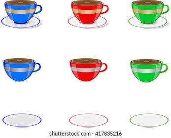 Set of colorful cups and saucers on a white background in a realistic style. Vector illustration for logos, websites