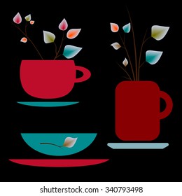 Set of colorful cups for tea on black background. Vector illustration.