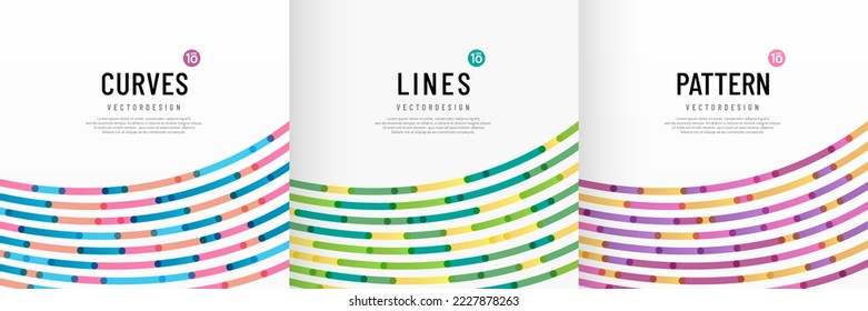 Set of colorful curve stripes lines and round dots pattern on a white background with copy space. Random lines texture in trendy color. Simple and minimal flat banner design. Vector illustration.
