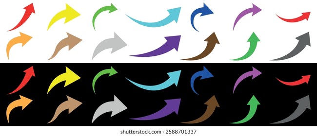 Set of colorful Curved Arrows. Editable icons. Vector illustration isolated on white and black background.