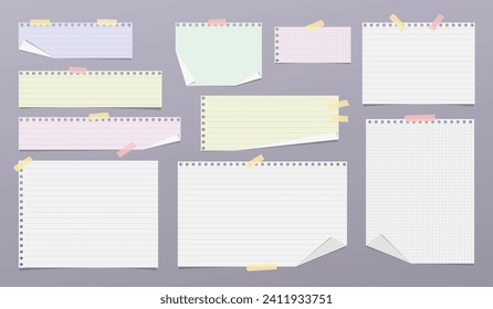 Set of colorful cut paper strips, lined, math notebook sheets with hard shadow are on grey background for text, notes, ad.