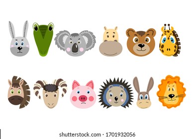 Set with colorful cute animal face. Hare, crocodile, koala, hippopotamus, bear, giraffe, horse, ram, pig, hedgehog, donkey, lion. Isolated objects. Cartoon flat illustration. Template icon, sticker. 