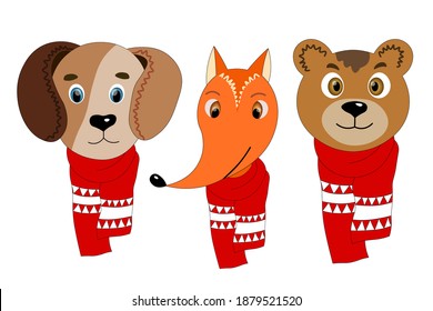 Set with colorful cute animal face in a winter scarf. Dog, fox, bear. Isolated objects. Cartoon flat illustration. Template christmas icon, sticker.