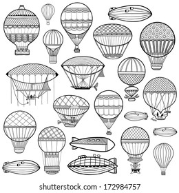 Conjunto de globo mono colorido, aerostático. Ilustración de línea