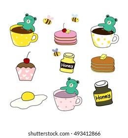 set of colorful cute bear smiling in coffee cup with pancake, egg, honey jar and bees. Hand drawn cartoons