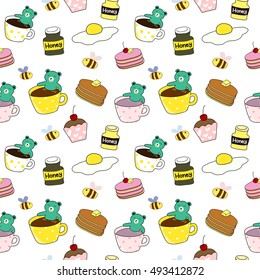 set of colorful cute bear smiling in coffee cup with pancake, egg, honey jar and bees. seamless pattern, Hand drawn background