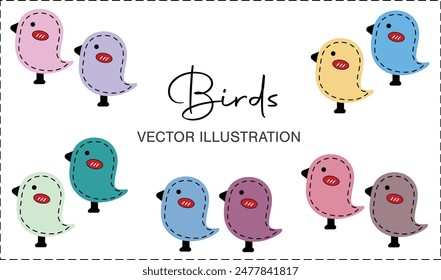 Set of colorful cute birds in pastel spring colors. Vector illustration isolated on white background.