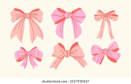 Conjunto de arcos lindos coloridos en un estilo plano. Accesorios de moda para las niñas. Ilustración vectorial dibujada a mano.	