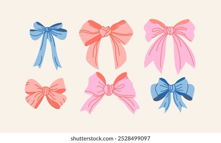 Conjunto de arcos lindos coloridos en un estilo plano. Accesorios de moda para las niñas. Ilustración vectorial dibujada a mano.	