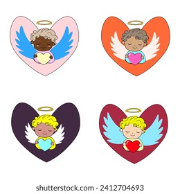 Set of colorful Cute cartoon valentine hearts with angels. Vector illustration.