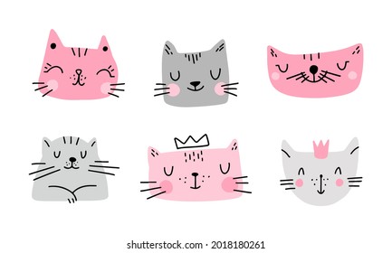 Set of colorful cute cats isolated on white background. Vector  illustration in doodle style. Design for childish textile, fabric, print, wallpaper, wrapping