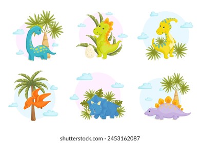 Set of colorful, cute characters of small dinosaurs, palm trees, tropical leaves. Vector graphics.