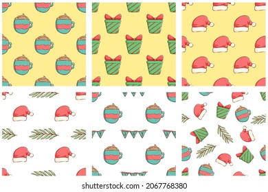 Set of colorful cute Christmas elements in seamless patterns. Hand drawing light bulb, christmas gift box and hat. Vector design template.