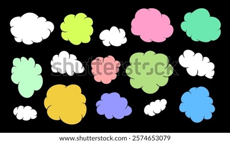 Set of Colorful Cute Cloud. Abstract Simple Shapes. Doodle elements, blank tags for collage. Minimalist Vector Illustration for design. Forms for kids, stickers, web. Frames for info.