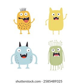 Set of Colorful Cute Crazy Ugly Monster Mascot Cartoon Character with Humor Happy Expression