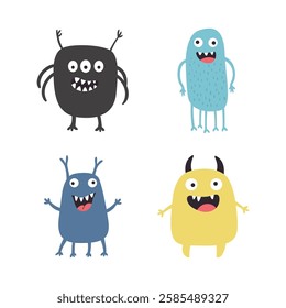 Set of Colorful Cute Crazy Ugly Monster Mascot Cartoon Character with Humor Happy Expression