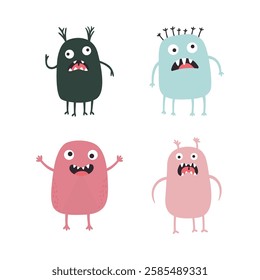 Set of Colorful Cute Crazy Ugly Monster Mascot Cartoon Character with Humor Happy Expression