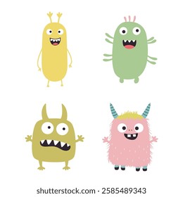 Set of Colorful Cute Crazy Ugly Monster Mascot Cartoon Character with Humor Happy Expression