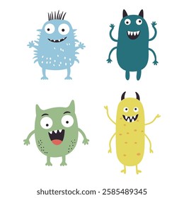 Set of Colorful Cute Crazy Ugly Monster Mascot Cartoon Character with Humor Happy Expression