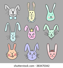 Set of colorful cute doodle bunny faces. Pet heads. Vector illustration
