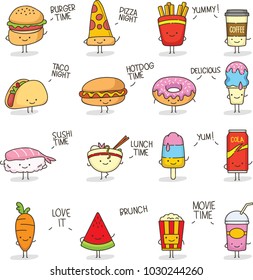 Set colorful cute doodle food character 