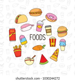 Set of colorful cute doodle food.