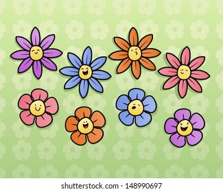 Set of colorful cute flowers with different expressions