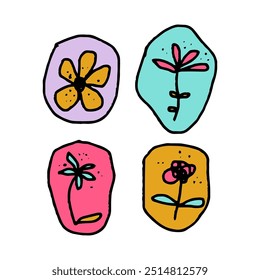 set of colorful cute flowers in a frame. Childish naive design, doodle vector art style