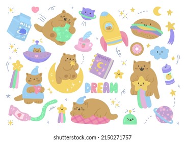 Set of colorful cute good night vector elements. Cartoon cats, stars, rockets and rainbows in outer space.Clipart for patches,stickers,greeting card,planner or diary. Isolated. 