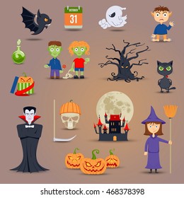 Set Of Colorful Cute Halloween Elements And Icons For Your Design. Vector illustration