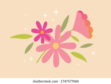 Set of colorful and cute hand draw flowers with stars in yellow background