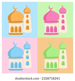 Set of colorful cute hand drawn mosque. Suitable for islamic celebrations: Eid al Fitr, Eid al adha, New Year