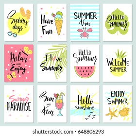 Set of colorful cute hand drawn summer cards, background. Holiday, travel, vacation theme. Wallpaper,flyers, invitation, posters,templates, brochure. Vector illustration