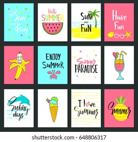 Set of colorful cute hand drawn summer cards, background. Holiday, travel, vacation theme. Wallpaper,flyers, invitation, posters,templates, brochure. Vector illustration