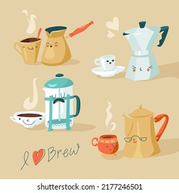 set of colorful cute illustrations of coffee pots and cups