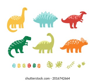 set of colorful cute kids dinosaurs and eggs