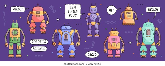 Set of colorful cute kids robots and droids isolated on purple background. Robot toys hand drawn characters with friendly faces. Cartoon chat bot. Vector illustration