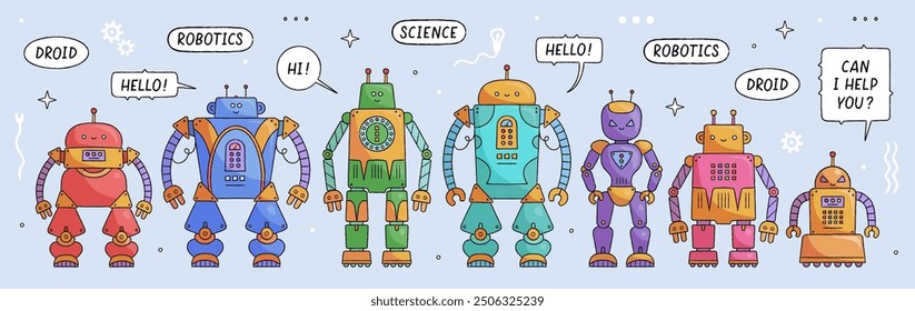 Set bunter süßer Kinderroboter und Droiden einzeln auf weißem Hintergrund. Roboter Spielzeug handgezeichnete Figuren mit freundlichen Gesichtern. Cartoon Chat Bot. Vektorgrafik