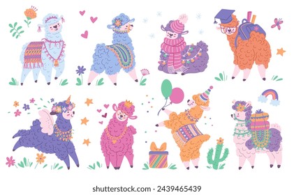 Set of colorful cute llamas. Beautiful attractive alpacas with different decorations. Cartoon flat vector collection of Llama alpaca unicorn, flowers, hearts. Cute funny curly fur animal