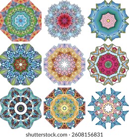 Set of colorful cute Mandalas. Decorative unusual round ornaments.