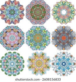 Set of colorful cute Mandalas. Decorative unusual round ornaments.