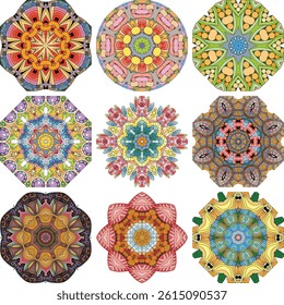 Set of colorful cute Mandalas. Decorative unusual round ornaments.