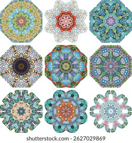 Set of colorful cute Mandalas. Decorative unusual round ornaments.