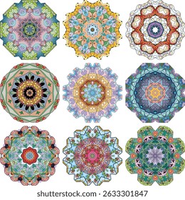 Set of colorful cute Mandalas. Decorative unusual round ornaments.