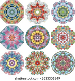 Set of colorful cute Mandalas. Decorative unusual round ornaments.